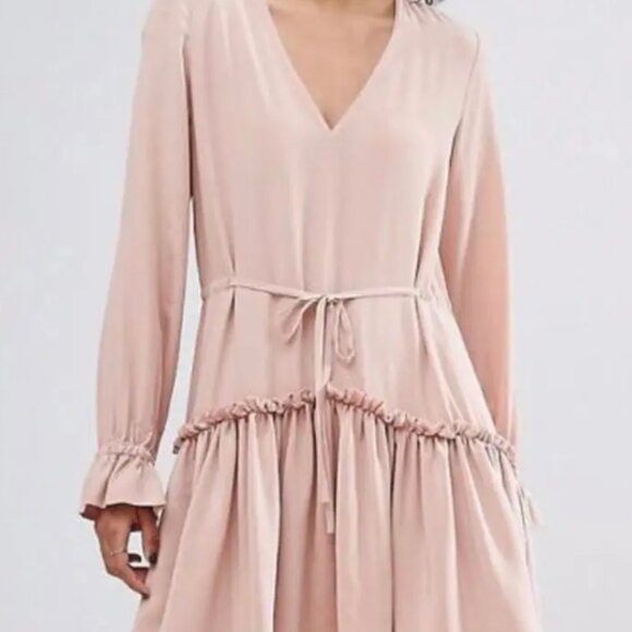 NWT AllSaints Alia Ruffle Silk Nude Pink Neutrals Mini Dress M $248 - Picture 2 of 8